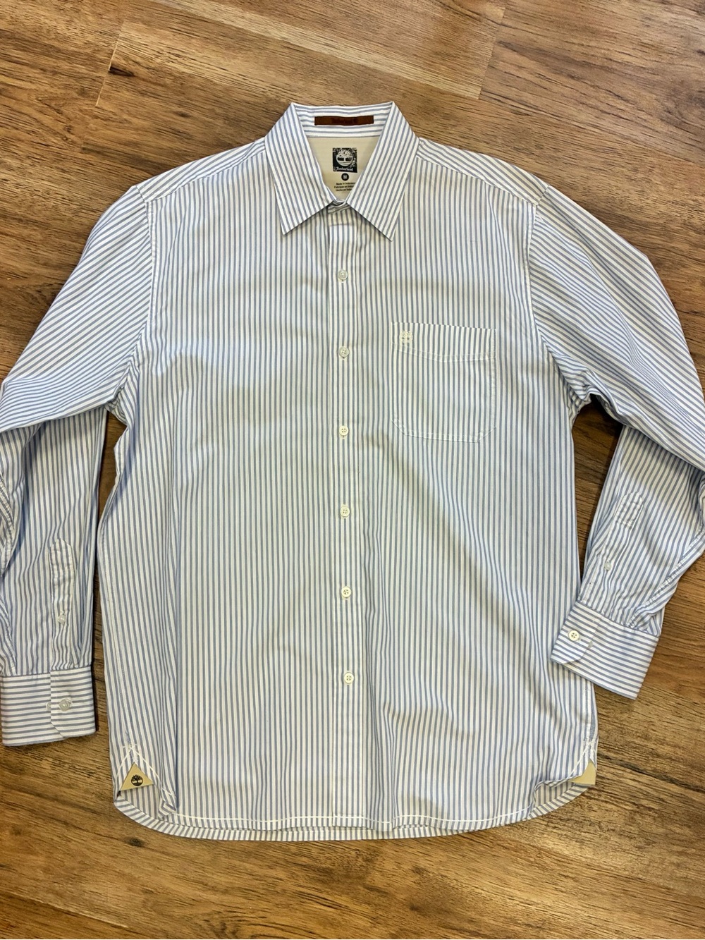 Timberland Men's Blue/White Striped Dress Shirt M Long Sleeve Point Collar